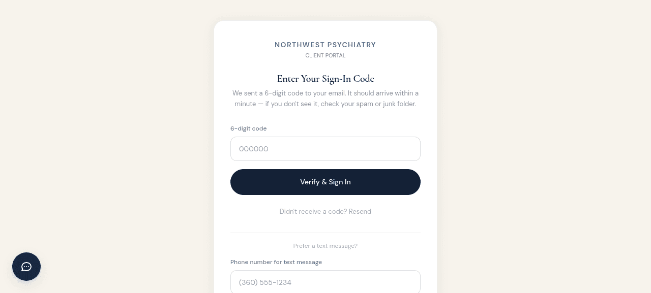 OTP sign-in screen with option to receive code via text message