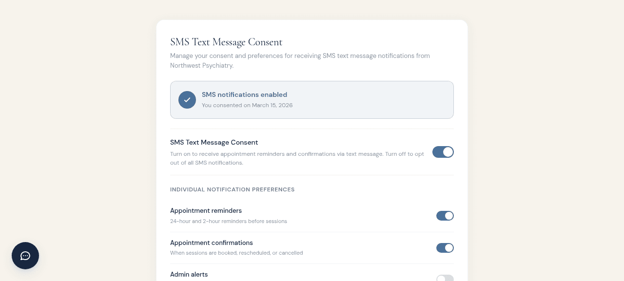 SMS consent toggle in the client portal privacy settings