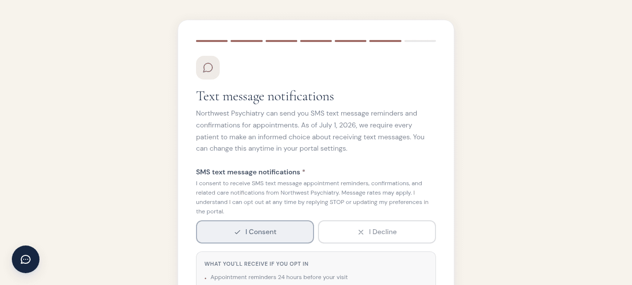 SMS consent step in the new patient onboarding wizard