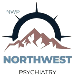 Northwest Psychiatry logo — a compass rising behind mountains