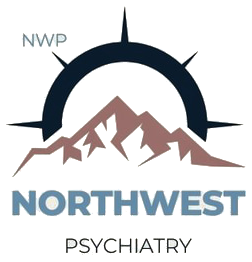 Northwest Psychiatry logo — a compass rising behind mountains